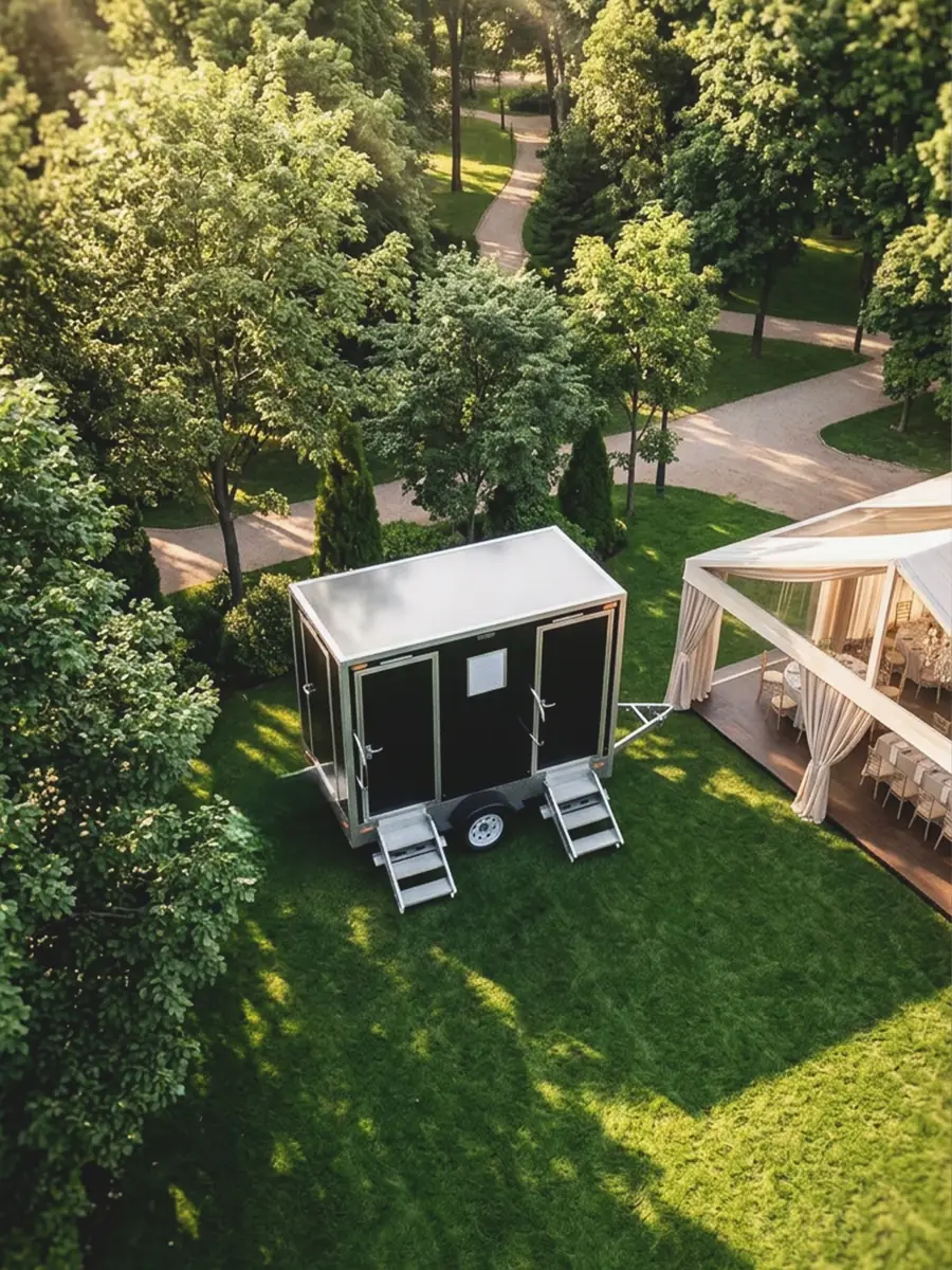 Restroom trailer set up on a lawn beside a garden event